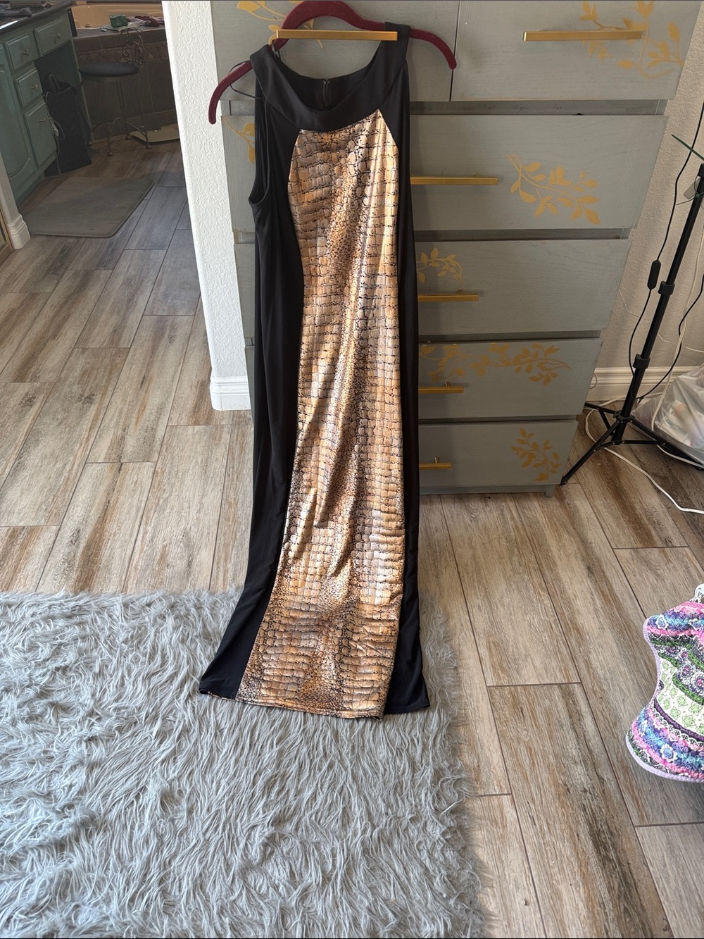 R&M Richards Black Maxi Dress with Metallic Gold Front Panel